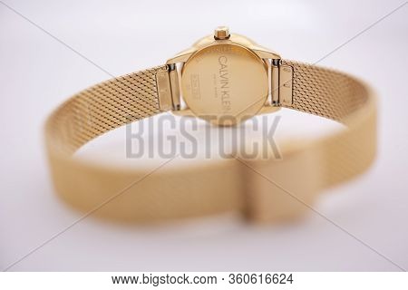 Biel, Switzerland 31.03.2020 - The Closeup Of Calvin Klein Woman Watch Stainless Steel Case Gold Pvd