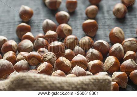 Hazelnuts, Filbert On Rustic Wooden Table. Heap Or Stack Of Hazel Nuts. Hazelnut Background, Healty 
