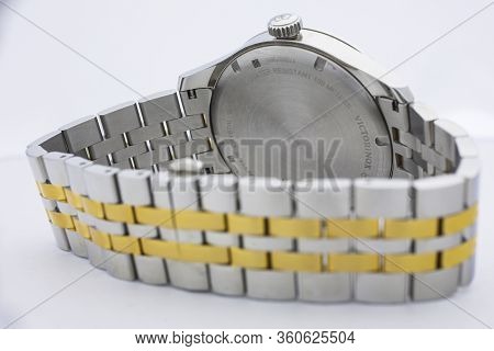 Ibach, Switzerland 31.03.2020 - The Close Up Of Victorinox Woman Watch Stainless Steel Case Stainles