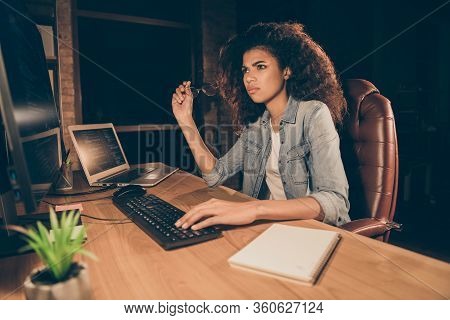 Unbelievable Website Error. Unhappy Afro American Girl Engineer Sit Evening Table Desk Work Computer