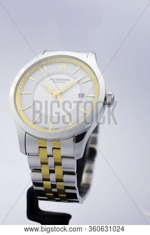 Ibach, Switzerland 31.03.2020 - The Close Up Of Victorinox Woman Watch Stainless Steel Case Stainles