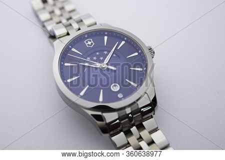 Ibach, Switzerland 31.03.2020 - The Close Up Of Victorinox Man Watch Stainless Steel Case Stainless 