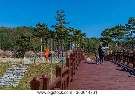 Hwanggan, South Korea; April 8,2020: Unrecognizable Mother And Child Walking Across Wooden Bridge De