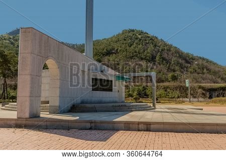 Hwanggan, South Korea; April 8,2020: Rear View Of Memorial Building At No Gun Ri Peace Park Under Cl