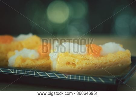 Traditional Japanese Omelette With Rice And Ebiko On Top. Selective Focus