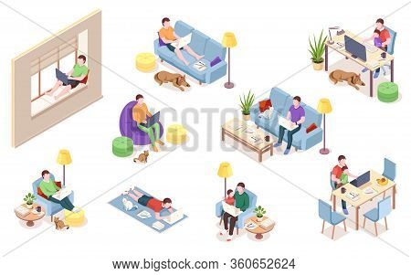 Set Of Office Employee At Workplace, Man Working With Notebook And Computer. Freelancer Doing Remote