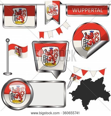 Vector Glossy Icons Of Flag Of Wuppertal, Germany On White