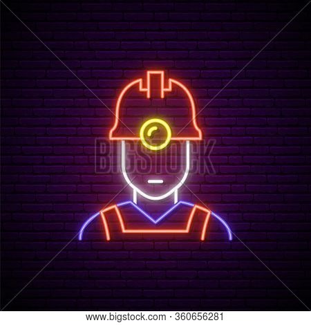 Oilman Neon Sign. Bright Light Man Worker Icon On Dark Brick Wall Background. Stock Vector Illustrat