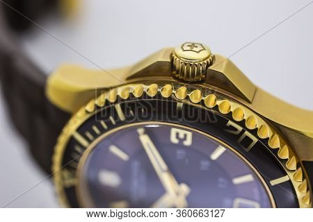 Ibach, Switzerland 31.03.2020 - The Close Up Of Victorinox Man Watch Stainless Steel Case Gold Pvd C