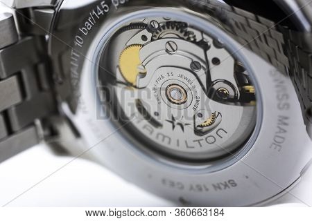 Biel, Switzerland 31.03.2020 - The Close Up Of Hamilton Man Watch Stainless Steel Case Back Case Sta