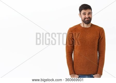 Portrait Of Awkward And Uncomfortable Caucasian Bearded Man, Smirk And Grimacing, Cringe Unwilling D