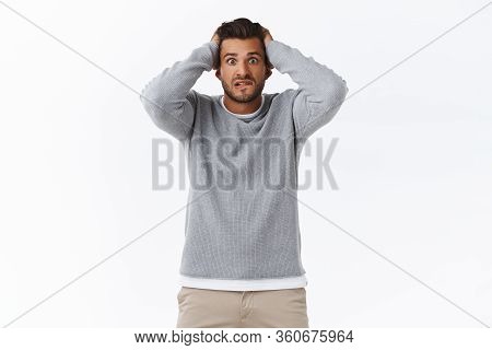 Worried Handsome, Troubled Hispanic Bearded Guy Caught Cheeting, Looking Anxious And Troubled, Facin