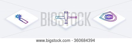 Set Isometric Line Dynamite Bomb Stick Clock, Crossed Baseball Bat And Target Sport. White Square Bu