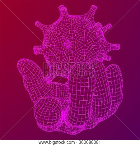 Human Arm Hand With Corona Virus Virion Of Coronavirus. Connection Structure. Vector Low Poly Wirefr