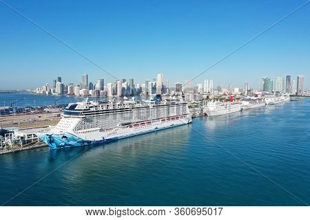 Miami, Florida - April 2, 2020 - Aerial View Of Cruise Ships At Port Miami Cruise Terminal During Co
