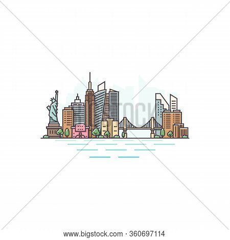 New York City, Usa Architecture Color Line Skyline Illustration. Linear Vector Cityscape With Famous