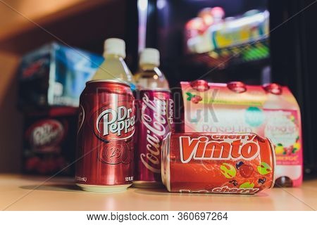 Ufa, Russia, Soda Shop, 3 July, 2019: Grocery Store Shelf With Various Brands Of Soda In Cans. Pepsi