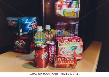 Ufa, Russia, Soda Shop, 3 July, 2019: Grocery Store Shelf With Various Brands Of Soda In Cans. Pepsi