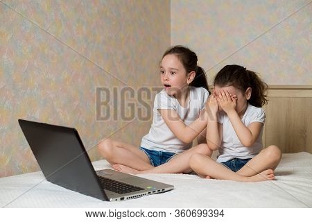 Little Girl Protects His Sister From Watching Inappropriate Content While Using A Computer. Internet