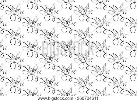 Seamless Pattern With Leaves And Curls. Black And White Vector Illustration. The Idea Of Print For F
