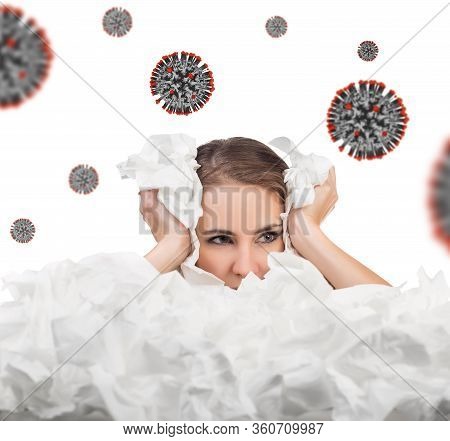 Young Woman With A Lot Of Hankys Among Coronavirus Cells. Isolated On White Background.