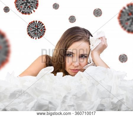 Young Woman With A Lot Of Hankys Among Coronavirus Cells. Isolated On White Background.
