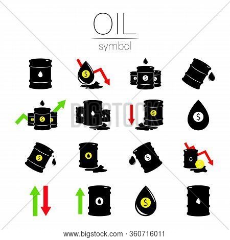 Vector Set Of 16 Sign Oil. Black Symbol Petroleum, Dollar Money, Solated On White Background. Global