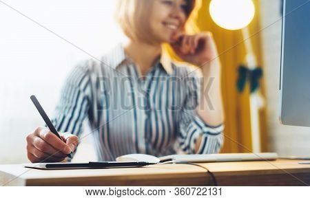 Isolation Graphic Designer Working At Home With Digital Stylus On Background Monitor Computer, Smile