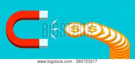 Magnet For Money. Coin Attraction. Loadstone Icon In Flat Style, Simple Tool On Color Background. Ve