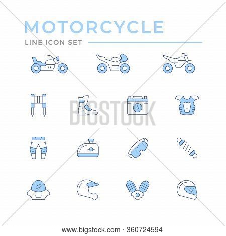 Set Of Motorcycle Related Color Line Icons Isolated On White. Vector Illustration