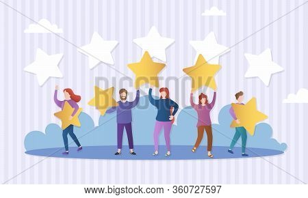 Different People Give Feedback Ratings And Reviews.characters Hold Stars Above Their Heads.evaluatio