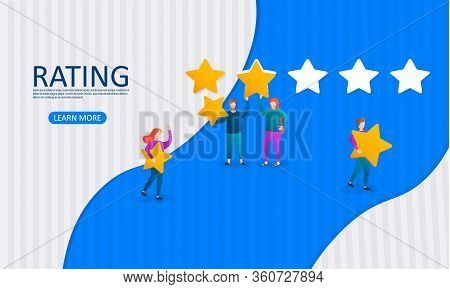 Different People Give Feedback Ratings And Reviews.characters Hold Stars Above Their Heads.evaluatio
