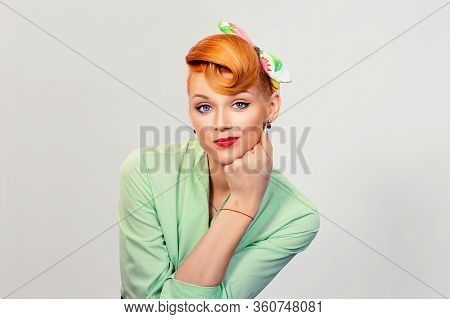 Closeup Portrait Skeptical Pin Up Retro Style Woman Looking Suspicious, Some Disgust On Her Face Mix