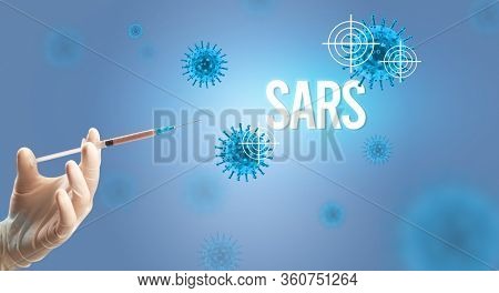 Close-up view of doctor's hand in a white glove holding syringe with SARS inscription, coronavirus antidote concept