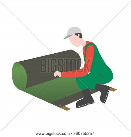 A Man Is Laying Artificial Grass. Vector Illustration