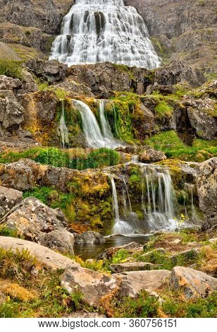beautiful cascades of famlus Dynjandi waterfall, Westfjords, Iceland, Europe