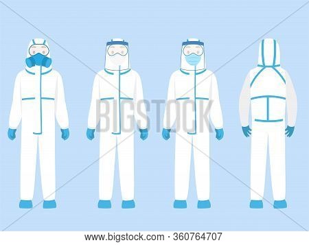 Set Of People Character Wearing In Ppe Personal Protective Suit Clothing Isolated And Safety Equipme