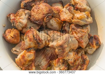 Grilled Pork Meat In An Iron Bowl Shish Kebab Good