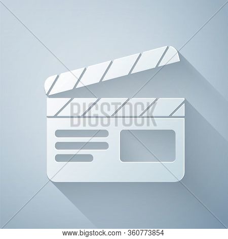 Paper Cut Movie Clapper Icon Isolated On Grey Background. Film Clapper Board. Clapperboard Sign. Cin