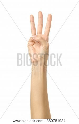 Number Three. Woman Hand With French Manicure Gesturing Isolated On White Background. Part Of Series