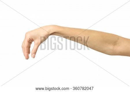 Hand Picking, Holding, Grabbing Or Reaching. Woman Hand With French Manicure Gesturing Isolated On W