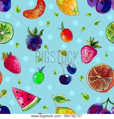 Seamless Summer Pattern Of Fresh Fruit Hand-drawn In Watercolor. Design Of Template, Wallpaper, Cove