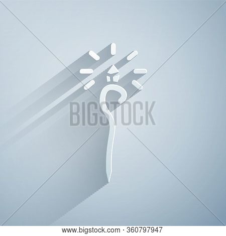 Paper Cut Magic Staff Icon Isolated On Grey Background. Magic Wand, Scepter, Stick, Rod. Paper Art S