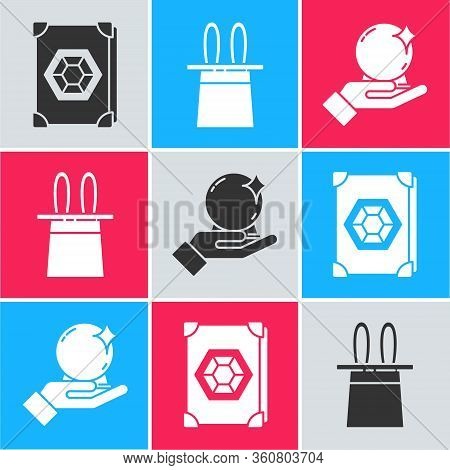 Set Ancient Magic Book, Magician Hat And Rabbit Ears And Magic Ball On Hand Icon. Vector