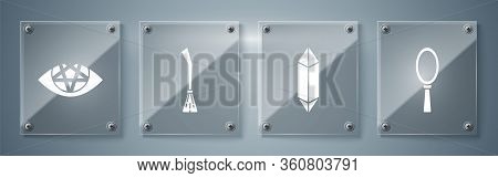 Set Magic Hand Mirror, Magic Stone, Witches Broom And Pentagram. Square Glass Panels. Vector
