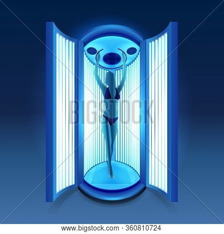 Silhouette Of Slim Girl Sunbathing In Solarium Cabin With Blue Luminous Tanning Lamps In Bikini. Rea