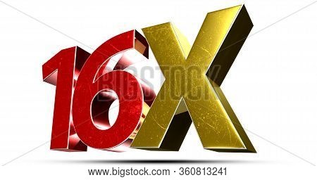 3d Illustration 16x Red Gold Isolated On A White Background.(with Clipping Path).