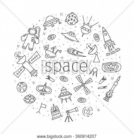 Poster On The Theme Of Space. Round Frame With Hand Drawn Outline Symbols Of Cosmos. Vector.