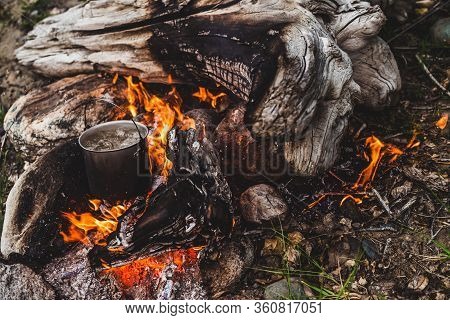 Kettle Stands On Fire. Cooking Food At Fire In Wild. Beautiful Big Log Burns In Bonfire Close-up. Su