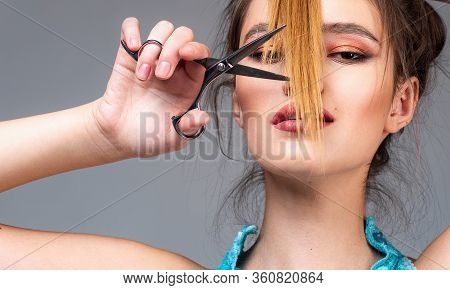 Close Up Hairstyle With Bangs. Blonde Girl Cut Forelock. Brunette Woman With Stylish Smooth Haircut.